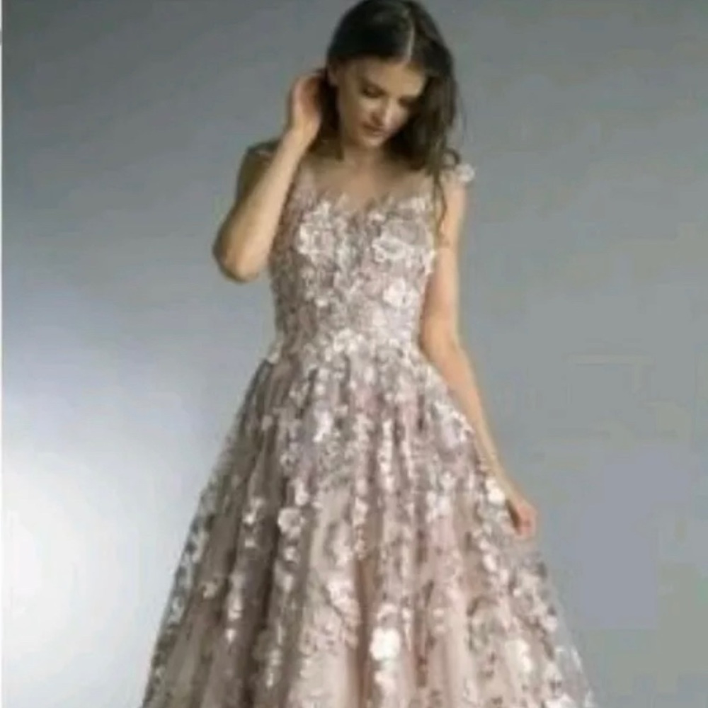 Basix Black Label Cap Sleeve Applique Ball Gown